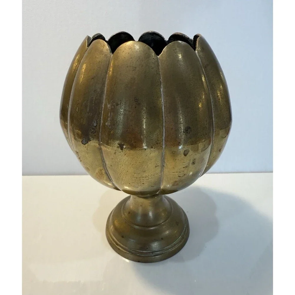 Vintage Brass Lotus Flower Pedestal Vase Scalloped Planter Urn India 7